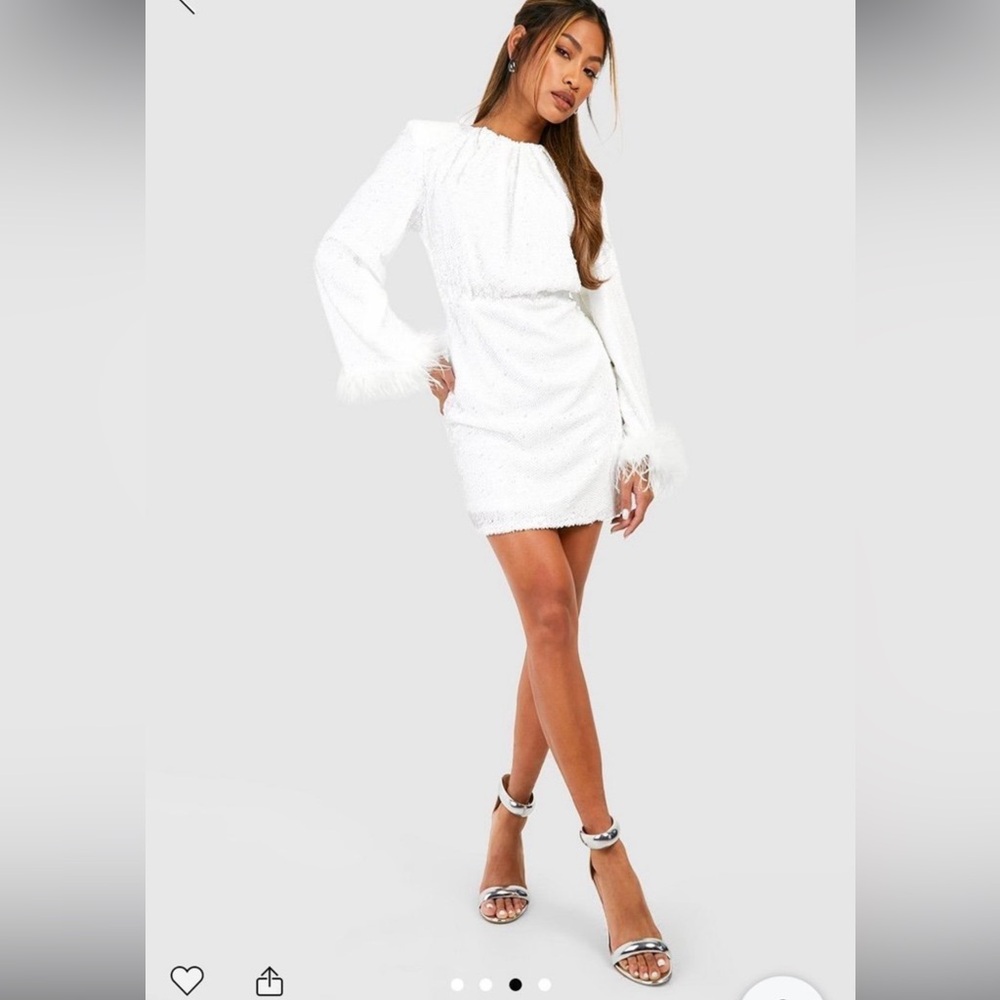 Sequin Feather Cuff Shift Party Dress mini white